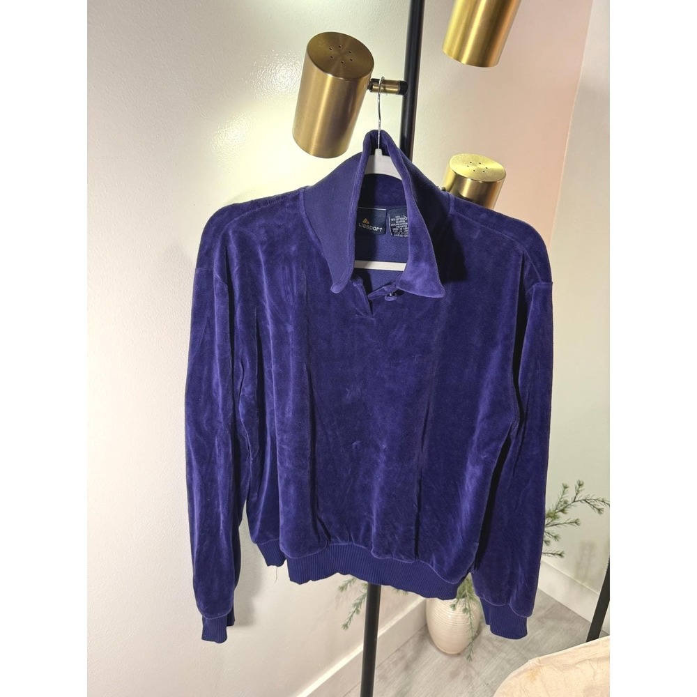Lizsport velvet indigo L velour fabric button 90s pullover luxe collectors elite